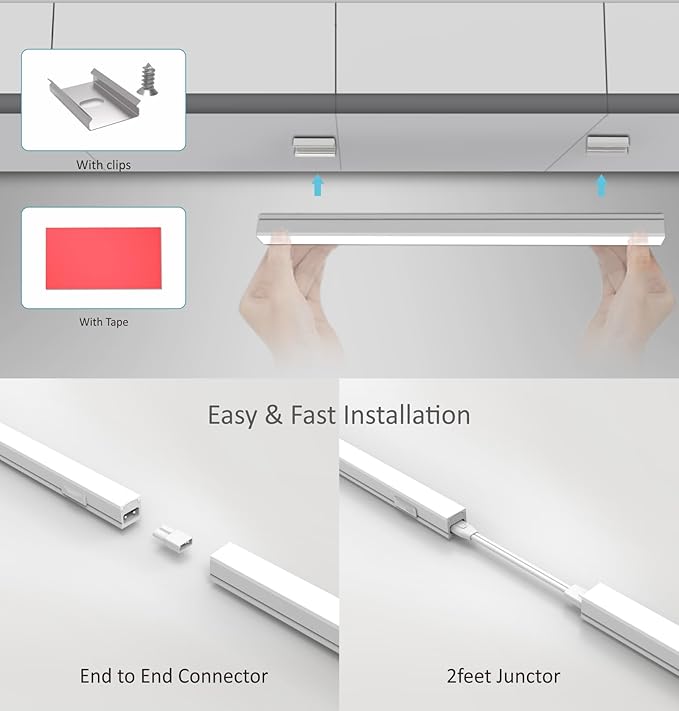 Leetdud Under Cabinet Lighting Plug in, 16 Inch 4 Pcs, Linkable AC120V 3CCT 3000K/4000K/5000K Ultra Slim, LED Under Cabinet Lights for Counter Light, Kitchen, Shelf, Sink, Workshop, Desk, White