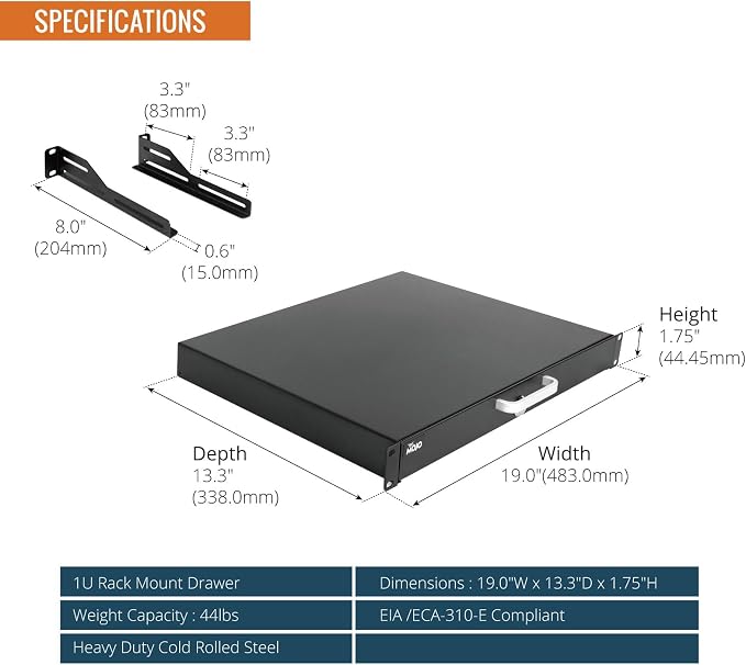 Tecmojo 1U Rack Drawer,Rack Mount Drawer for 19in Network Equipment/Server/AV Rack or Cabinet Enclosure,Sliding and Lockable Server Rack Drawer - Load-Bearing 44lb (20kg),with Cable Management Holes