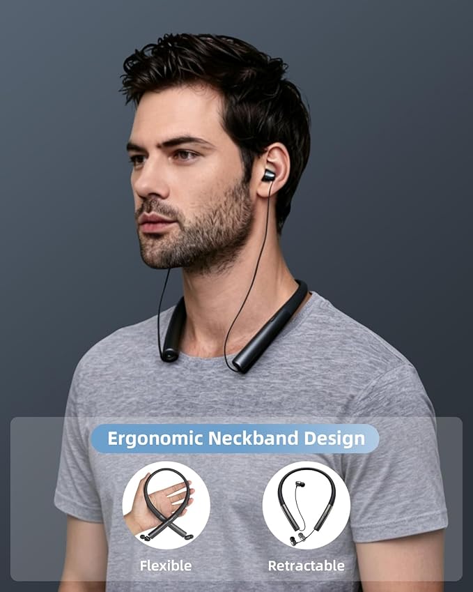 Bluetooth 5.3 Neckband Bluetooth Headphones, Retractable Headphones with IPX5 Sweatproof & Vibration Alert, Stereo Noise Cancelling for Music, Calls, Conference, Videos