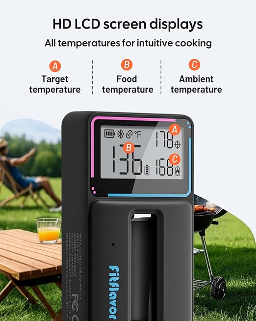 Bluetooth Wirless Meat Thermometer for Smoker Ultra Thin Meat Probe, Fitflavor Wireless Meat Thermometer Probe for Grill BBQ Oven Food Cooking, Waterproof, Alarm, Timer, Data Tracking (FNT21-1)