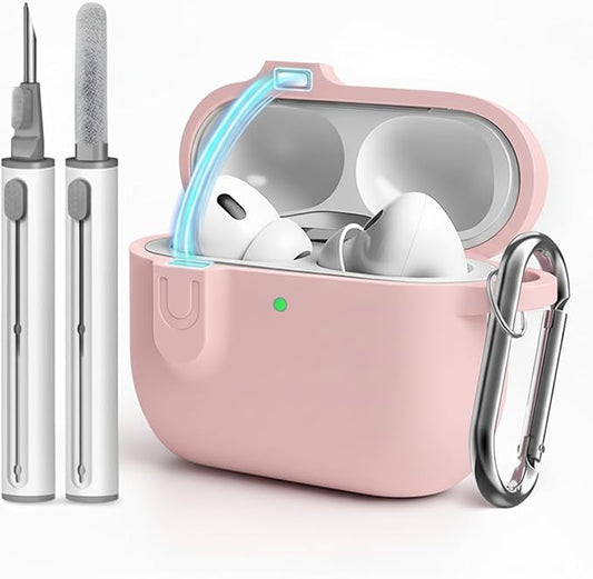 for AirPods 4 Case Cover with Cleaner Kit, Soft Silicone Cover for AirPods 4 Comes with Magnetic Lid Lock & Keychain-Solid for Women/Men,Pink