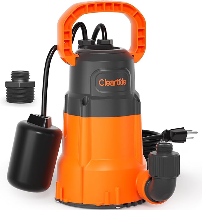 Cleartide Submersible Utility Pump with Float Switch, 2160 GPH High Flow, Water Pump with Copper Motor, Ideal for Yard and Flooded Cellar, Hot Tub, Garden Irrigation