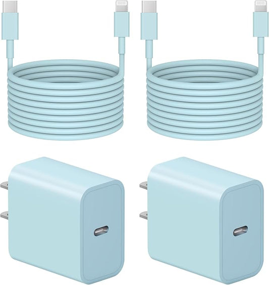 10 Ft iPhone Fast Charger, 2-Pack 20W Super Fast Charger with Long Fast Charging Cable for iPhone 14/13/12/11 Pro Max,14 Plus,Mini,Pro/XS/SE/XR/iPad - Blue