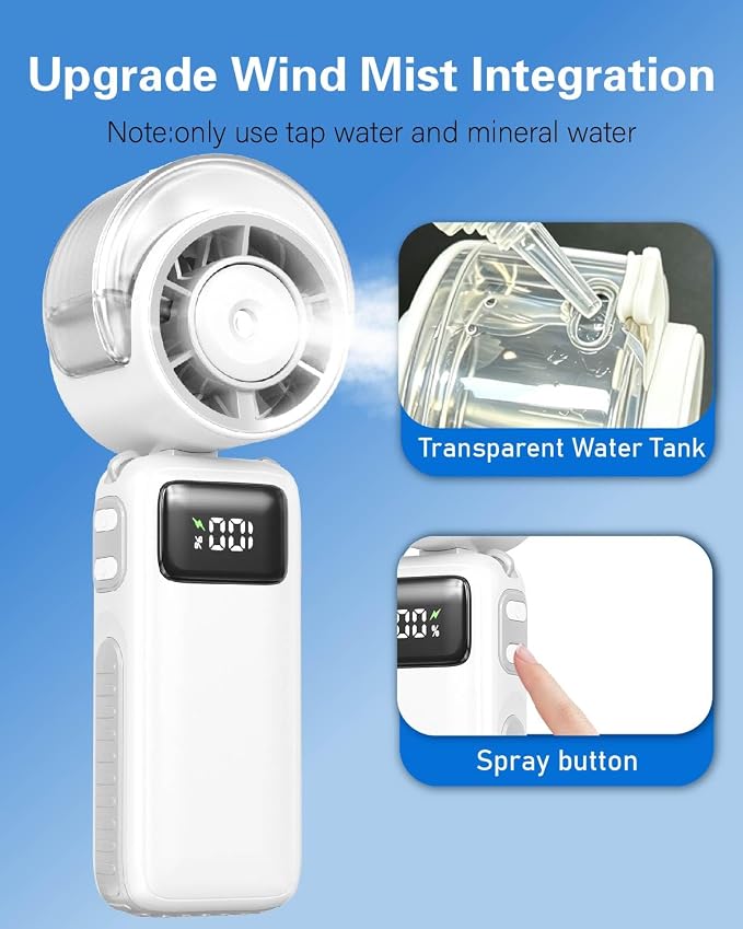 Portable Handheld Misting Cooling Fan – Foldable,20H/6000mAh Rechargeable Personal Turbo Fan,5-Speed Mini Water Spray Fan,3-in-1 Hand/Desk/Neck Use Mist Fans for Outdoor,Travel,Beach,Camping (White)