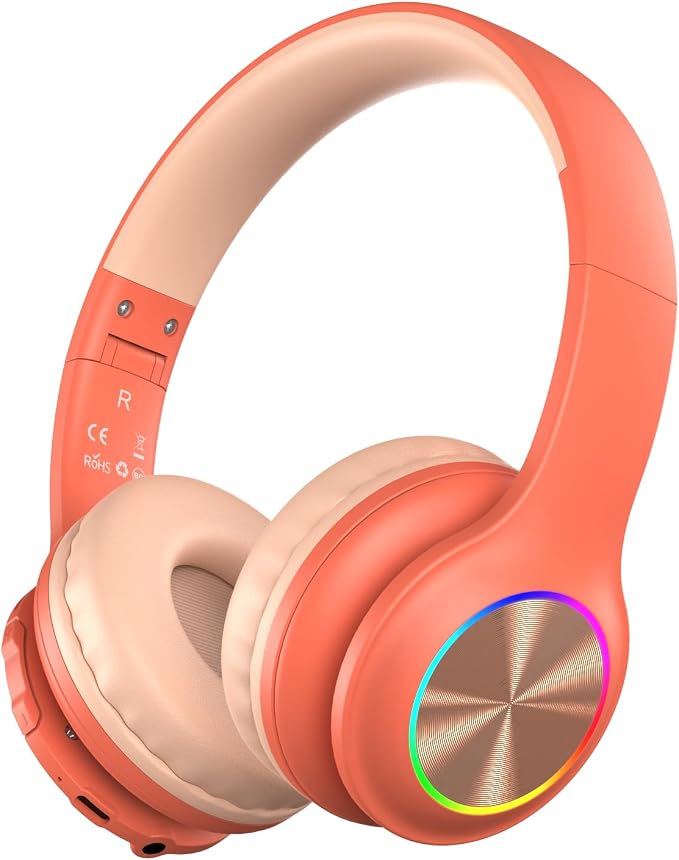 Candy Bila Kids Bluetooth 6.0 Headphones with LED Light, 85Hours Playtimes, Type-C Fast Charging, 85/94dB Volume Limited, Wireless Headphones with Built-in Mic, Wired & TF Card Mode, Pink and Orange