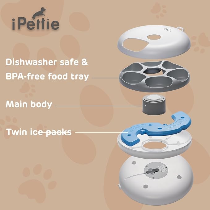 iPettie Donut Frost 6 Meal Cordless Automatic Pet Feeder, Dry & Wet Food Automatic Cat Feeder with Two Ice Packs, Rechargeable Massive Battery, Programmable Timer, Classic White