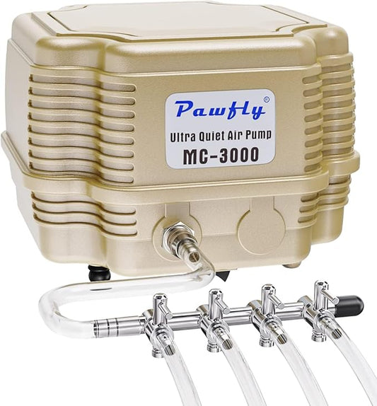 Pawfly 254 GPH Aquarium Air Pump Adjustable Quiet Oxygen Aerator Pump with Multi-Port Air Flow Control Lever Valve Splitter and Airline Tubing for Fish Tanks Ponds and DWC Systems Up to 300 Gallons