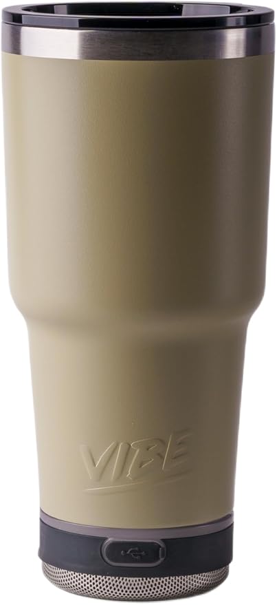 Vibe 28 oz Tumbler with Bluetooth Speaker, Insulated Stainless Steel Travel Cup with Lid, Hot & Cold Drink Beverage Container, Removable Speaker with Microphone, Rubber Base, Sandstone