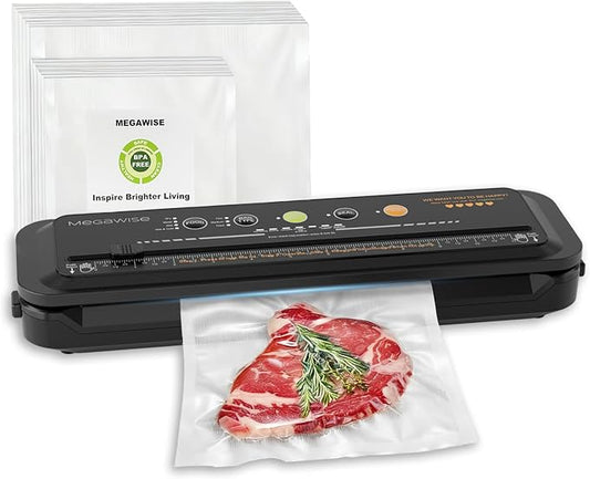 MEGAWISE Food Sealer w/Starter Kit with Accessory Hose for Wide and Regular Mouth Sealer, Dry & Moist Food Modes, Compact Design with 10 Vacuum Bags & Built-in Cutter