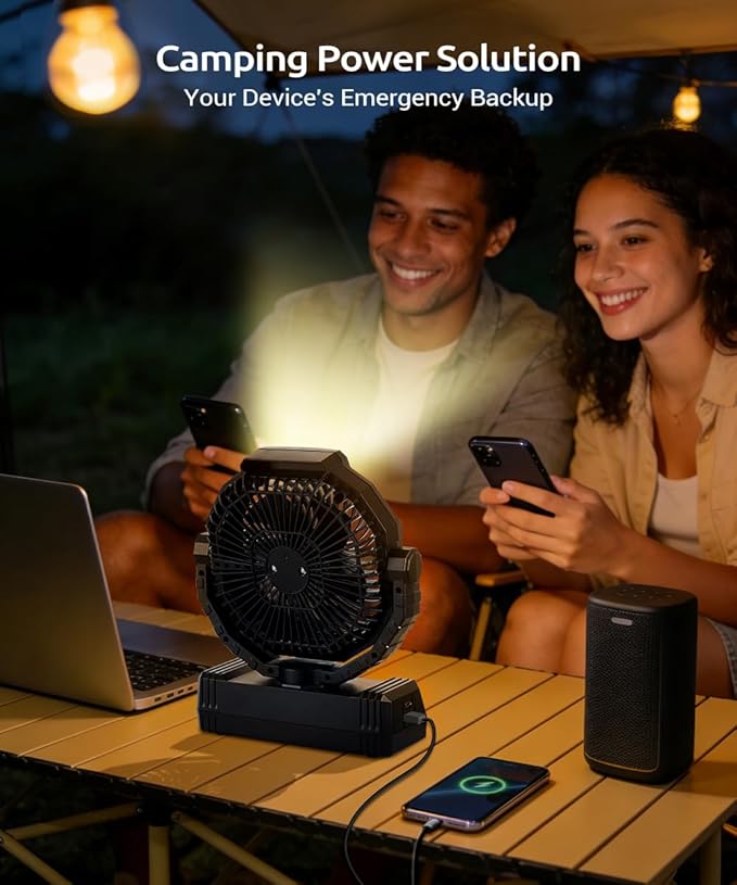 KopBeau Portable Camping Fan with Lights, 20000mAh Rechargeable Battery Operated Fan, Battery Powered Outdoor Beach Tent with 4 Speeds & Hook, Personal USB Table for Camping Accessories