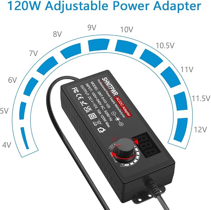 SHNITPWR 3.5V - 12V Power Supply 10A 120W AC to DC Adapter DC 4V 4.5V 5V 6V 7V 8V 9V 10V 12V Voltage Adjustable Universal Power Converter Transformer 100-240V AC in with 14 Tips & Polarity Converter