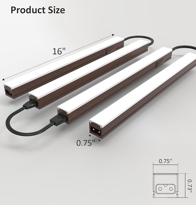 Leetdud Under Cabinet Lighting Plug in, 16 Inch 4 Pcs, Linkable AC120V 3CCT 3000K/4000K/5000K Ultra Slim, LED Under Cabinet Lights for Counter Light, Kitchen, Shelf, Sink, Workshop, Desk, Bronze