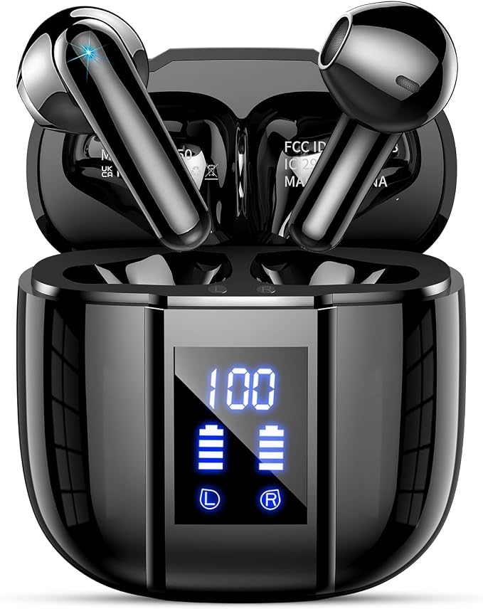 Wireless Earbuds, Bluetooth 5.4 Headphones, 48H+, Stereo Ear Buds, LED Display Earphones with Mic, IP7 Waterproof In EarBud, Comfort Fit, Bluetooth Earbuds for Phone Android iOS, Sport, Walk, Black