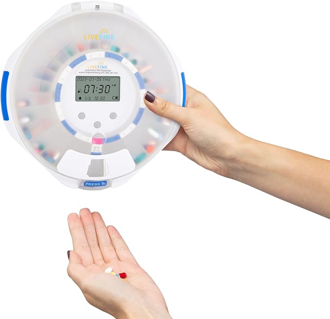 LiveFine Automatic Pill Dispenser with 28-Day Electronic Medication Organizer, 6 Dosage Rings, LCD Display with Sound & Light Alerts, Key & Magnifying Glass for Prescriptions, Vitamins & Supplements