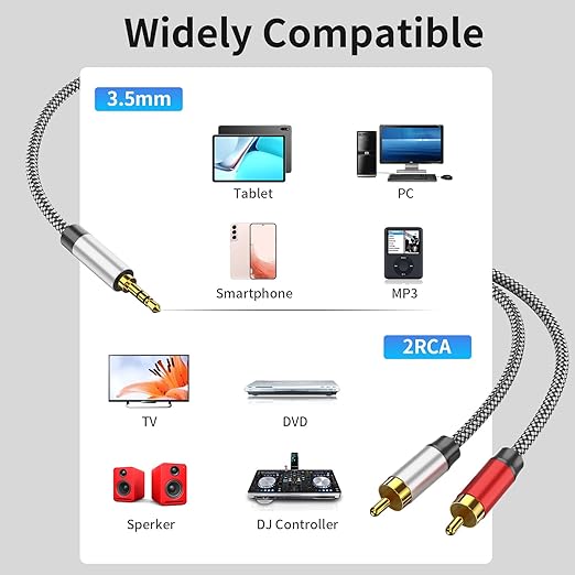 3.5mm to 2RCA Audio,6ft,Auxiliary Adapter, Stereo Splitter Cable,AUX RCA Y Cord for Smartphone,Speakers,Tablet, HDTV, MP3 Player