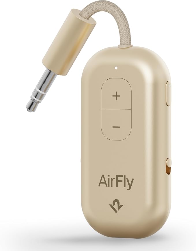 Twelve South AirFly Pro | Bluetooth Wireless Transmitter/Receiver Adapter for 2 Headphones, Audio Sharing, Compatible with 3.5mm aux Jack for Airplanes, TV, Gym, Stereo, and Travel, Gold