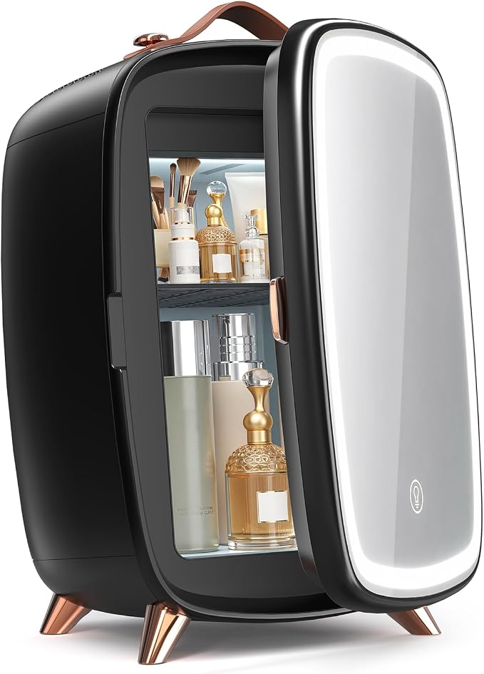 Electactic Mini Skincare Fridge with Dimmable LED Mirror, 6L Makeup Fridge Holds 8 Cans, 7° Lean-Back Mirror Design, Portable Cosmetic Refrigerator for Skincare, Beauty Products & Drinks, Black