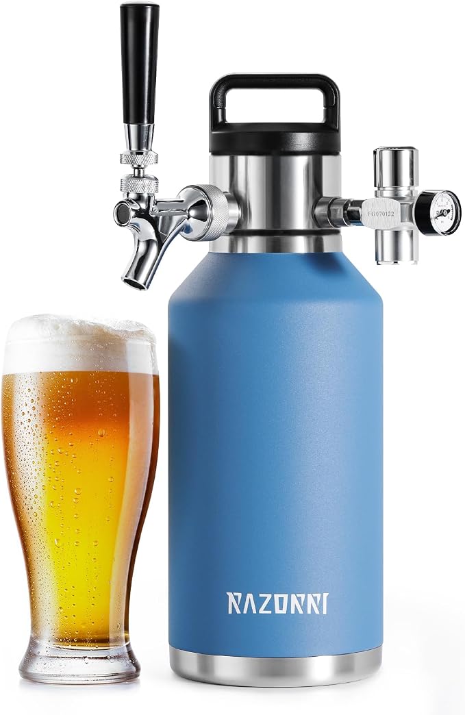 Razorri 64oz Stainless Steel Beer Growler, Double-Wall Vacuum Insulated Carbonated Keg with Professional Bar Tap and Pressurized CO2 Regulator, 0.5 Gallon, Ocean Blue