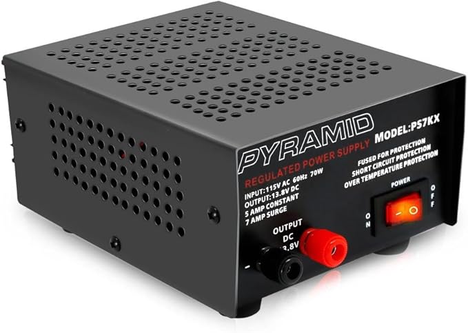 Pyramid Universal Compact Bench Power Supply - 5 Amp Linear Regulated Home Lab Benchtop AC-to-DC 12V Converter w/ 13.8 Volt DC 115V AC 70 Watt Power Input, Screw Type Terminals, Cooling Fan - PS7KX