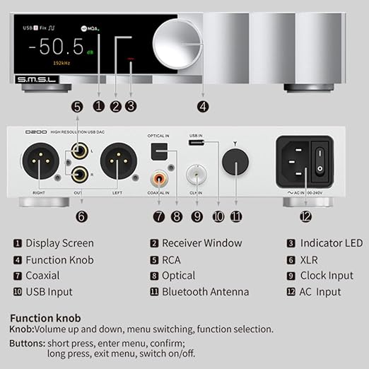 SMSL D200 Audio Decoder | USB/Optical/Coaxial/Bluetooth Input | MQA/MQA - CD Supported | ROHM BD34352EKV Chip | Compatible with Amplifiers/Headphone Amps/Phones/Computers