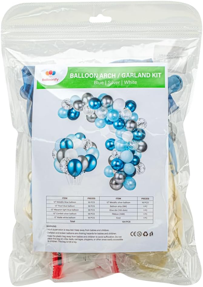 Restaurantware-Balloonify Balloon Garland Set, 1 Party Decoration Kit - 100 Balloons, With Chain, Blue, Silver, & White Latex Balloon Arch Kit, Includes Glue Dots, Ribbon & Knot