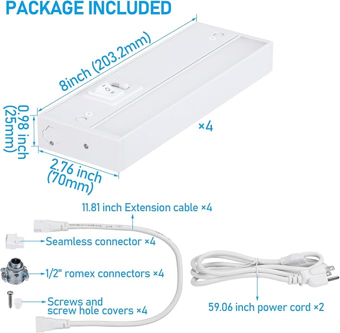 TORCHSTAR 4-Pack 8 Inch LED Under Cabinet Lighting 5CCT, ETL T24, 6W 450LM, Hardwired & Plug-in, 5 Color Selectable CRI90 120V Dimmable Under Counter Lights for Kitchen, White Aluminum Housing