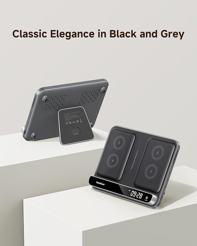 Dual Wireless Charger Stand, SwanScout 504, Foldable Wireless Charging Station Pad for iPhone Air/17/16/15/ Series, Samsung Galaxy S25/S24/S23, Android Phones, AirPods/Galaxy Buds (Black & Tech Grey)
