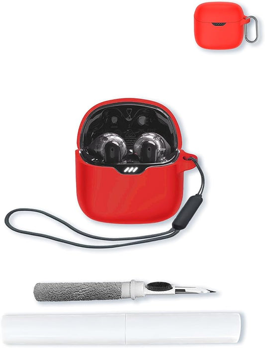 Case for JBL Tune Flex - True Wireless Noise Cancelling Earbuds,Soft Protective,BOVUGAC Silicone Case Cover with Keychain & Cleaning Kit & Lanyard for JBL Tune Flex Earbuds-Red