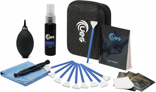 UES Professional Camera Cleaning Kit with Hard Travel Case - DSLR & Mirrorless Maintenance Bundle: 2-in-1 Lens & Sensor Cleaner, Air Blower, Pen, Microfiber Screen Cloths & 10 Full-Frame 24mm Swabs