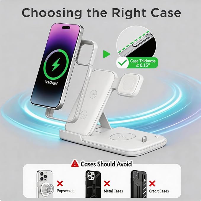 5 in 1 Wireless Charging Station for Multiple Devices, Premium Fast Charging Stand for Apple Samsung Android, Dual Phone Dock with USB Port for Desk Nightstand