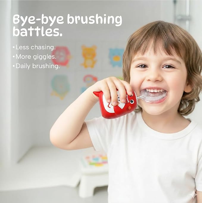 Well Before Kids U Shaped Electric Toothbrush with 5 Brush Heads, Ultrasonic, 5 Modes, IPX7 Waterproof Design (Shark, Red Ages 2-7)