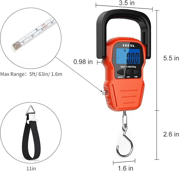 HEETA Fish Scale with Backlit LCD Display, Up to 110lb/50kg Digital Portable Hanging Fish Weight Scale with Hook & Measuring Tape for Home, Farm, Outdoor, Hunting, Fishing, 2 AAA Batteries Included
