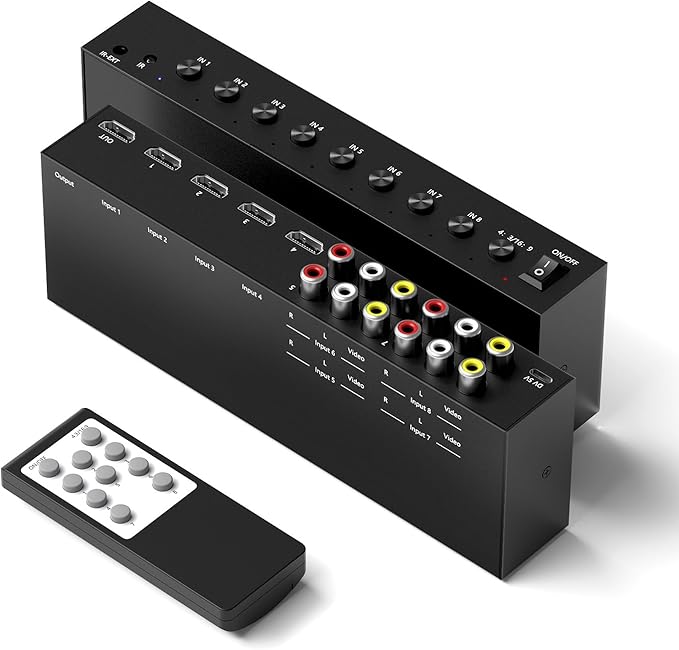 Y.D.F 4 Way HDMI 2.0 Switcher + 4 RCA to HDMI Converter(2 in 1) 4 Way AV Composite CVBS Switch to HDMI Adapter Support 4:3/16:9 Switching for N64 NGC Wii Xbox PS2/3/4/5 Xbox Series/ONE Switch