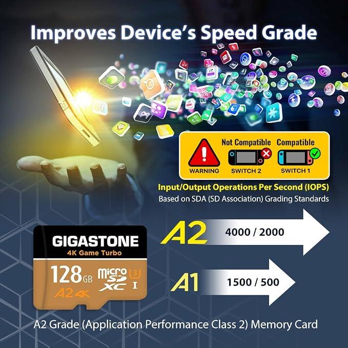【For Switch 1 Only】GIGASTONE 128GB Micro SD Card, 4K UHD Game Turbo, MicroSDXC Memory Card for Nintendo-Switch 1, R/W 100/50 MB/s, Action Camera, A2 V30, UHS-I U3, C10【5-Years Data Recovery】
