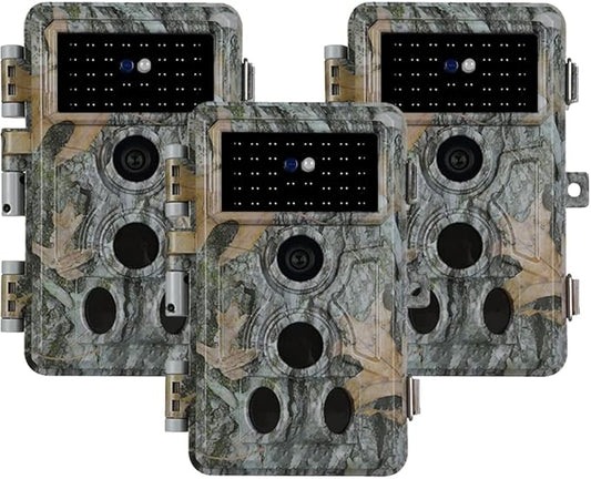 3-Pack Trail Camera 64MP 1296P with No-Glowing Night Vision & Motion Detection 120° Wide Angle, 0.1s Trigger Time, IP66 Waterproof Game Camera for Outdoor Hunting