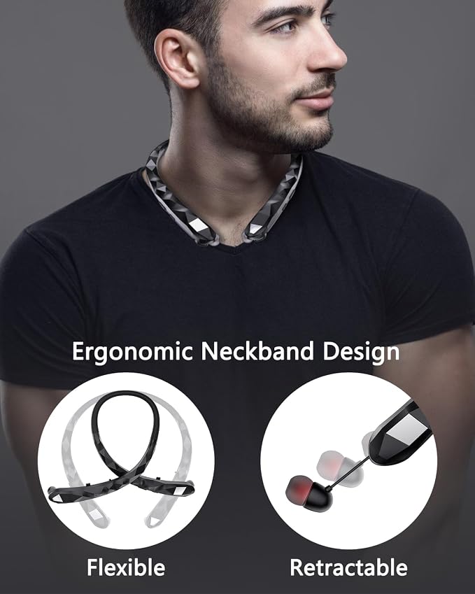 Neckband Bluetooth Headphones, Retractable Headphone Design with IPX5 Waterproof & Vibration Alerts, Neckband Headphones Stereo Noise Cancelling for Gym/Office