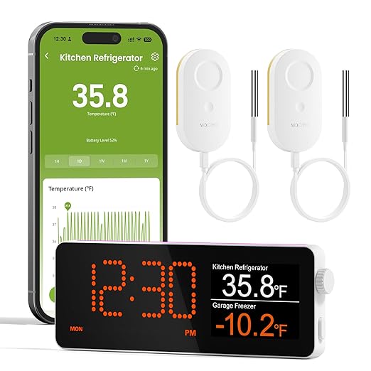 MOCREO WiFi Freezer Thermometer Alarm with Digital Monitor Hub, App and Email Alerts, 2-Year Data Export, No Subscription Fee, 2 Remote Temperature Sensors for Home Refrigerator, Fridge, Freezer