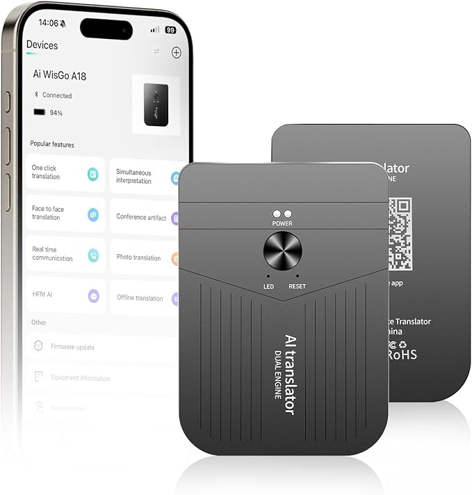 AI Language Translator, HFfit AI Assistant, 136 Online & 11 Offline Languages, Real-Time Voice & Photo Translation, Meeting Recorder, APP Control for Travel, Business & Learning
