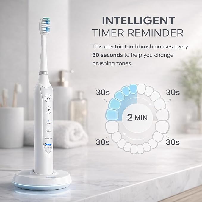 Sonic Electric Toothbrush for Adults, Rechargeable Power Toothbrush with 5 Replacement Heads, Travel Case, 3 Modes, 2 Minute Timer, IPX7 Waterproof Cordless Electric Toothbrush | White
