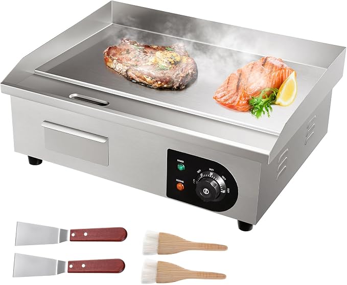 VEVOR Commercial Electric Griddle, 22", 1600W Countertop Flat Top Griddle, Stainless Steel Teppanyaki Grill w/Iron Cooking Plate, 122-572℉ Adjustable Temp Control 2 Shovels & Brushes, 110V