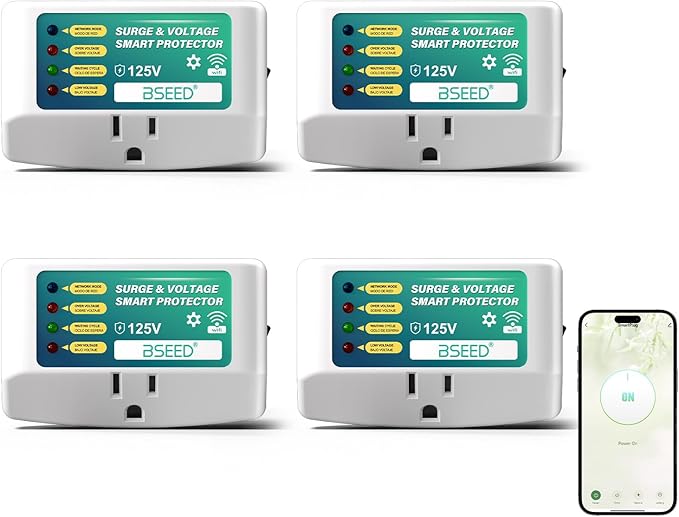 BSEED WiFi Smart Plug, Single Outlet Surge Voltage Protector with Light Indicator, APP Control, Energy Monitoring, 125V/1875W, FCC Listed, Wall Mount Power Suppressor for Refrigerator/TV/PC, 4 Pack