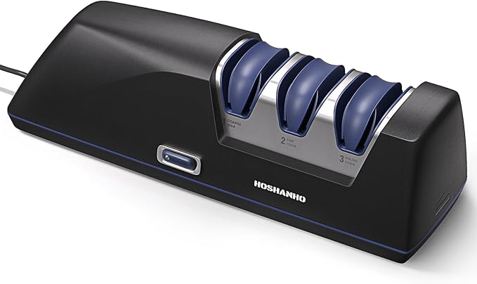 HOSHANHO Electric Knife Sharpener, Professional 3-Stage Diamond Knife Sharpener Electric, Replaceable Grinding Wheels & 20° Precision Guide for Kitchen Knives, Quick Sharpening to Restore & Polish