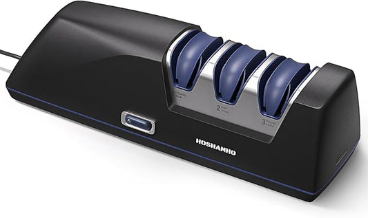 HOSHANHO Electric Knife Sharpener, Professional 3-Stage Diamond Knife Sharpener Electric, Replaceable Grinding Wheels & 20° Precision Guide for Kitchen Knives, Quick Sharpening to Restore & Polish