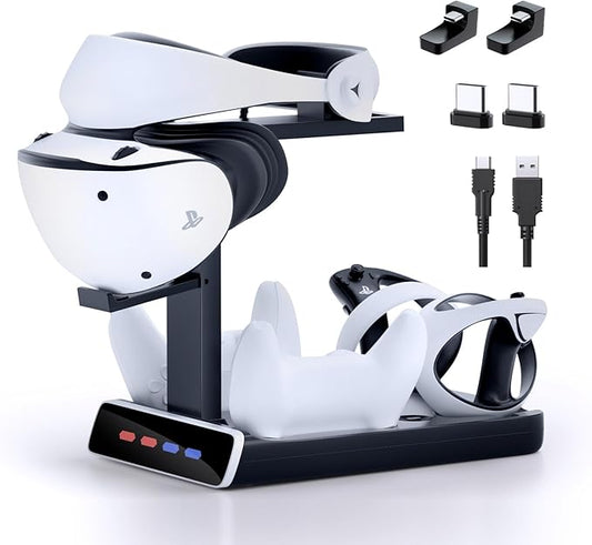 3-in-1 Controller Charging Dock for PSVR2 and PS5, VR Stand Display with LED Light, PS5 VR2 Storage Base Gaming Accessories, 4 Magnetic Clasp & Type-C Cable