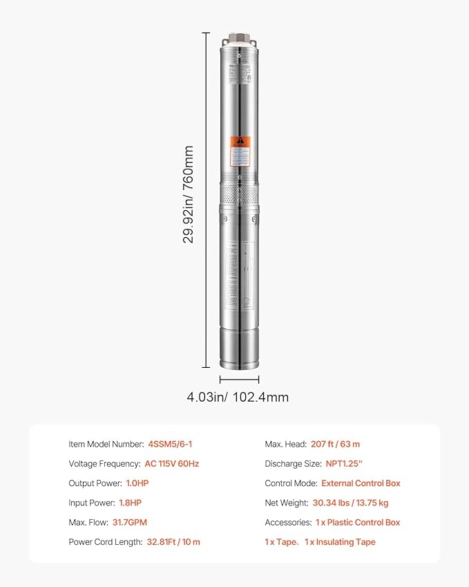 VEVOR Deep Well Submersible Pump, 1 HP Output Power, 115V, 31.7 GPM Flow 207 ft Head, with 32.81 ft Cord External Control Box, Stainless Steel Water Pump, for Industrial Irrigation and Home Use, IP68