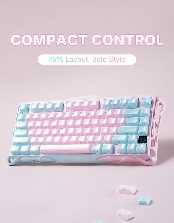 GravaStar Mercury K1 Lite 75% Gaming Keyboard, 2.4GHz/BT/Wired Tri-Mode Wireless Keyboard, Gasket Hot Swappable Mechanical Keyboard, Pre-lubed Linear Switches, Jelly Keycaps, RGB Backlit【Lumen Rose】
