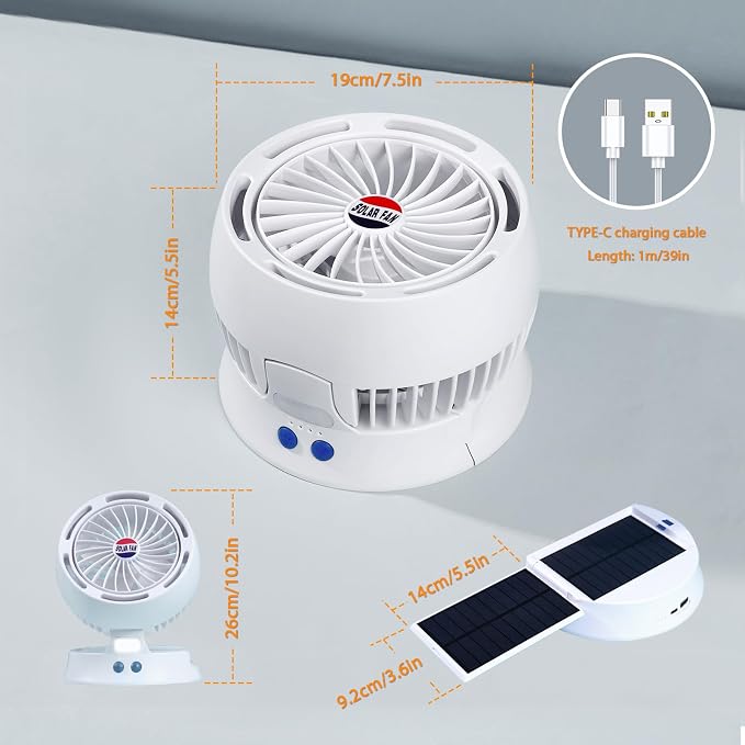 Rechargeable Camping Fan with Light - Solar Powered, USB/Battery Operated, 10400mAh, 4-Speed Adjustable, LED Lantern, Suitable for home and outdoor use.