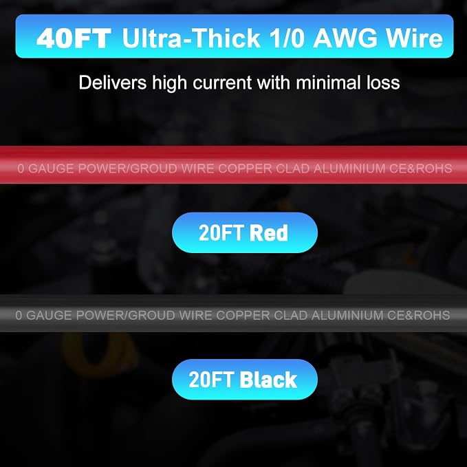 1/0 Gauge Wire 1/0 Battery Cable (20FT Red+20FT Black), Copper Clad Aluminum CCA Amp Wiring Kit with 250A ANL Fuse Holder, Lugs Terminal Connector & Heat Shrink Tube for Car Audio Speaker, Marine