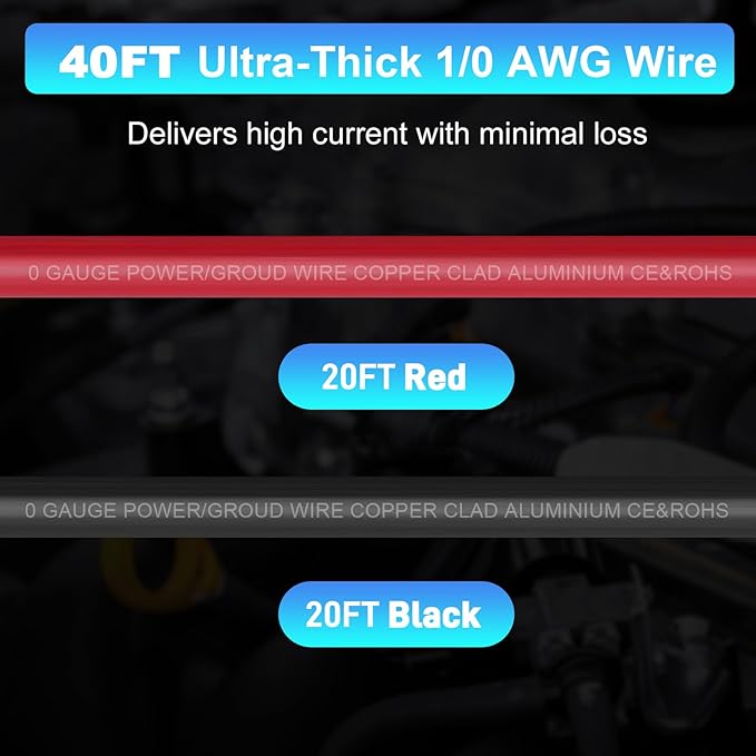 1/0 Gauge Wire 1/0 AWG Battery Cable (20FT Red+20FT Black), Copper Clad Aluminum CCA Amp Wiring Kit, Automotive Wire with Terminals Connectors, for Car Audio Speaker, Marine, RV Trailer