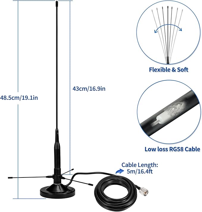 Bingfu Vehicle Mobile Ham Radio Antenna with Ground Planes Dual Band VHF UHF 136-174MHz 400-470MHz Magnetic Base Mount Soft Whip Antenna PL259 Male Connector for Car Marine Amateur Radio